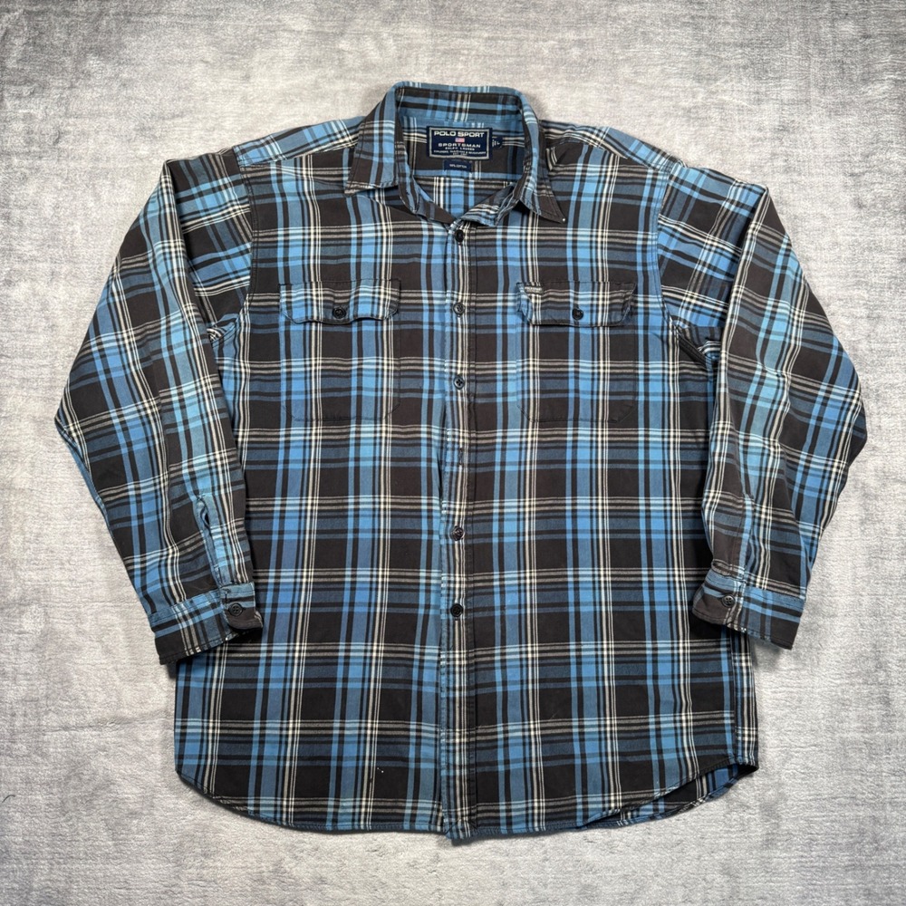 Polo Sport Ralph Lauren Shirt Mens Large Blue Plaid Sportsman Cotton Shacket